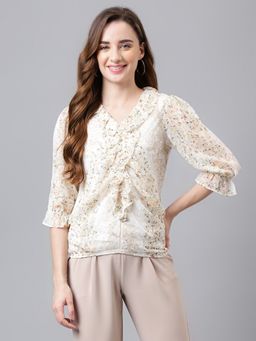 Latin Quarters - Beige Printed Casual Top