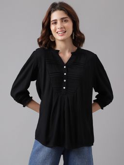 Latin Quarters - Black Solid Mandarin Casual Tunic
