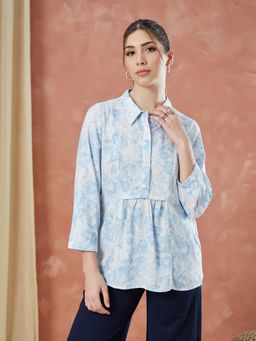 Latin Quarters - Blue Printed Collar Neck Casual Tunic