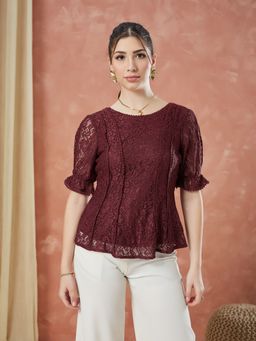 Latin Quarters - Maroon Half Sleeves Self Design Casual Top