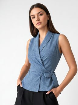 Outzidr - Blue Lapel Collar Wrap Top with Side Tie Detail