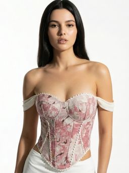 Outzidr - Pink Off Shoulder Printed Corset Top