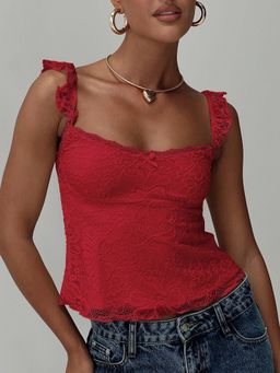 Outzidr - Red Ruffle Strap Textured Fitted Top