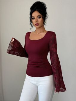 Outzidr - Wine Top with Lace Bell Sleeves