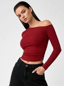 Outzidr - Maroon One Shoulder Fitted Shimmer Crop Top
