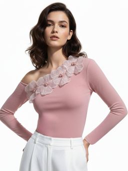 Outzidr - Pink Off-Shoulder Floral Embellishment Top