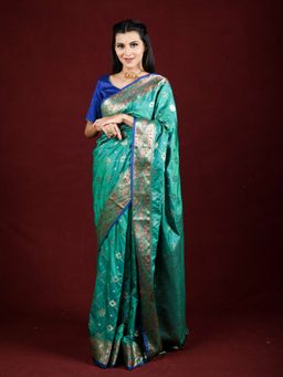 EXCLUSIVA - Green Banarasi Blended Silk Woven Saree Zari Work with Unstitched Blouse