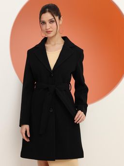 CHKOKKO - Women Black Tweed Solid Notched Lapel Overcoat with Belt