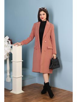 CHKOKKO - Women Peach Tweed Solid Peaked Lapel Overcoat