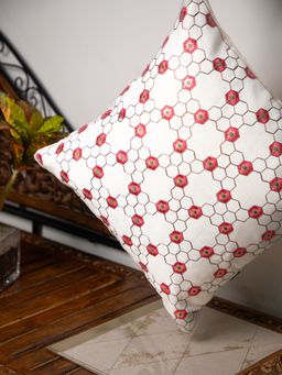 StudioHMK - White and Red Flower Embroidery Square Cushion Cover (16x16 inches)