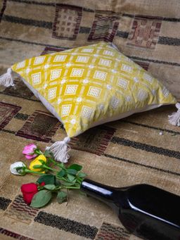 StudioHMK - Yellow and White Square Embroidery Square Cushion Cover (16x16 inches)