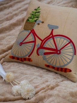 StudioHMK - Beige and Red, Grey & Brown Embroidery Printed Square Cushion Cover (16x16 inches)