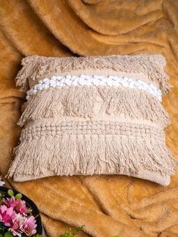 StudioHMK - Beige and White Handloom Square Cushion Cover (16x16 inches)
