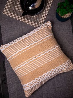 StudioHMK - Light Peach and White Handloom Square Cushion Cover (16x16 inches)