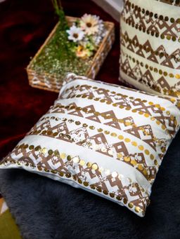 StudioHMK - White Velvet and Brown, Golden Foil Printed Square Cushion Cover (16x16 inches)