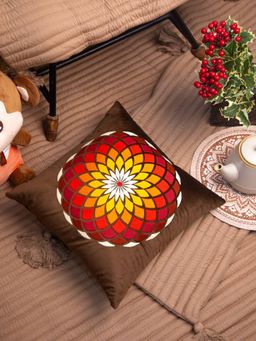 StudioHMK - Brown Velvet and Multicolor Flower Embroidery Square Cushion Cover (16x16 inches)