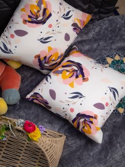 StudioHMK - White & Multicolor Flower Cotton Square Cushion Cover (16x16 inches)