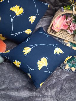 StudioHMK - Navy Blue & Flower Cotton Square Cushion Cover Blue (16x16 inches)
