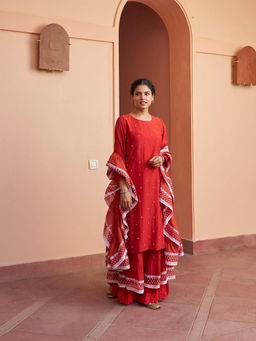Naaz By Noor - Kikli Crimson Red Embroidered Kurta with Sharara and Dupatta (Set of 3)