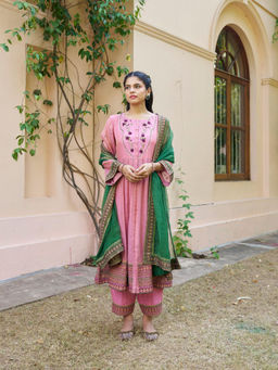 Naaz By Noor - Kikli Pink Embroidered Anarkali with Pant and Dupatta (Set of 3)