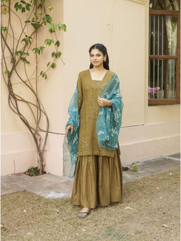 Naaz By Noor - Kikli Olive Embroidered Kurta with Sharara and Dupatta (Set of 3)