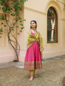 Naaz By Noor - Kikli Pink Embroidered Anarkali with Pant and Dupatta (Set of 3)