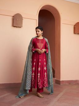 Naaz By Noor - Kikli Plum Pink Embroidered Anarkali with Pant and Dupatta (Set of 3)