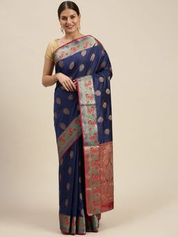 Sangam Prints - Navy Blue Silk Woven Work Traditional Saree with Unstitched Blouse