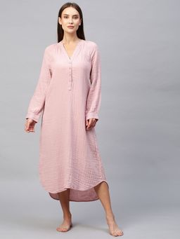 Chemistry - Crinkle Double Crepe Cotton Pop Over Lounge Dress-Pink