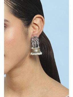 Biba - Women White Stone Pearl Brass Jhumka Earrings