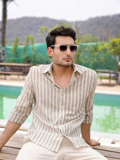 Men Sage Green Stripes Linen Shirt