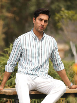 Perch - Men Pastel Light Blue Cotton Stripes Shirt