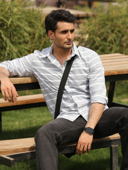 Perch - Men Mint Blue Cotton Horizontal Stripes Shirt