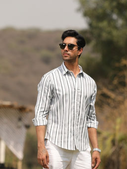 Perch - Men Pelican Grey Cotton Stripes Shirt