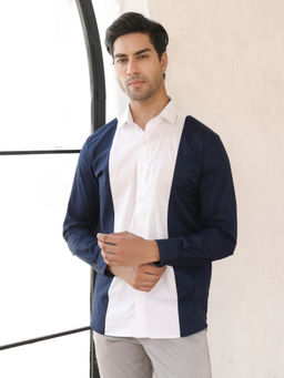 Perch - Men Blue and White Colorblock Cotton Shirt