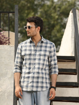 Perch - Men Cameo Blue Cotton Checks Shirt