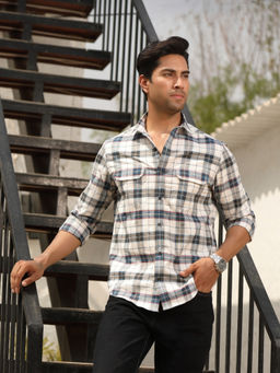 Perch - Men Teal Cotton Checks Shirt