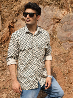Perch - Men Beige and Green Cotton Checks Utility Shirt