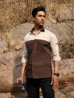 Perch - Men Beige and Brown Cotton Colorblock Utility Shirt