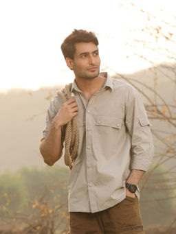 Perch - Men Beige Cotton Solid Utility Arm Pocket Shirt