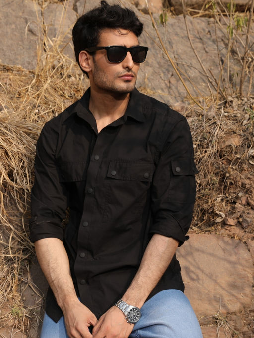 Perch Men Black Cotton Solid Utility Arm Pocket Shirt