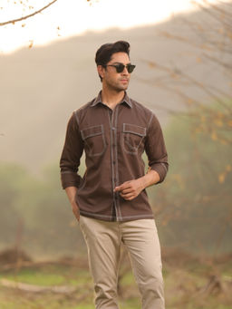 Perch - Men Brown Cotton Contrast Stitch Utility Shirt