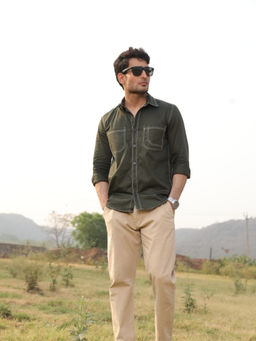 Perch - Men Bottle Green Contrast Stitch Utility Shirt