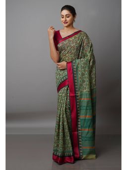 Unnati Silks - Green Block Printed Sico Saree with Unstitched Blouse