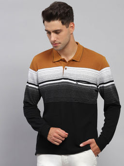 Monte Carlo - Men Black Striped Polo Neck Full Sleeve T-Shirt