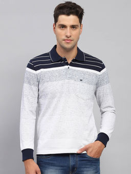 Monte Carlo - Men Grey Striped Polo Neck Full Sleeve T-Shirt