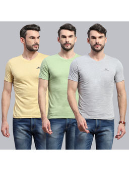 Monte Carlo - Men Grey Green and Yellow Solid V Neck Half Sleeve T-Shirts (Pack of 3)