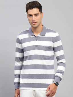 Monte Carlo - Men Grey and White Striped Polo Neck Full Sleeve T-Shirt