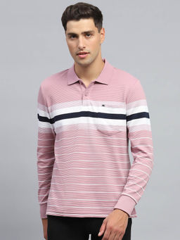 Monte Carlo - Men Pink Striped Collared Neck Full Sleeve Polo T-Shirt