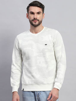 Monte Carlo - Men White Self Design Round Neck Full Sleeve Sweatshirt